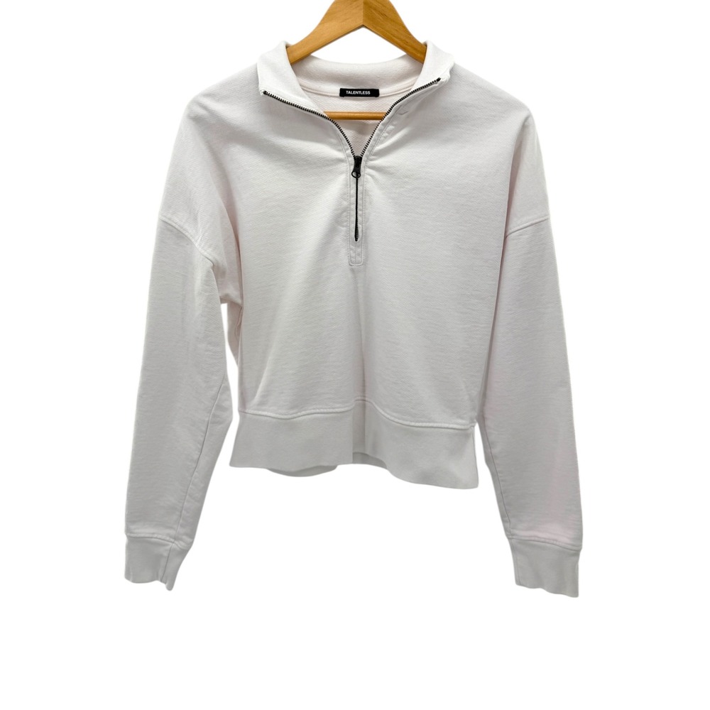 Talentless Cropped Quarter Zip Sweatshirt White Minimal Luxe Cotton‎ Size S
